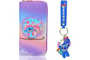 BOYIGOG Stitch Geldbörse mit Stitch Schlüsselbund Set Cartoon Geldbörsen PU Geldbörse Lange Stitch Geldbörsen und Schlüsselanhänger Stitch Geschenke