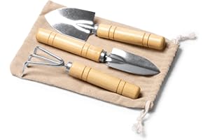 TRECOLA Juego de jardinería con 3 Accesorios realizados en Acero Inoxidable y Mango en bambú - Set Herramientas de Jardín: Pala Grande, Pala transplante y rastrillo en Caja Eco