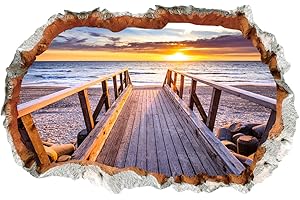 ‎WANDSTICKER4U WandSticker4U® - 3D Wall Sticker Bridge to the Sea I Wall Picture 90 x 60 cm I Wall Sticker Beach Sunset Poster I Wall Breakthrough Decoration for Living Room Bedroom Kitchen Hallway Bathroom Sticker