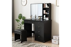 Caldion Große Schminktisch mit Spiegel,Schminktische mit Hocker,Frisiertisch Kosmetiktisch mit 5 Schubladen Regale, Kommode Schlafzimmer Schwarz