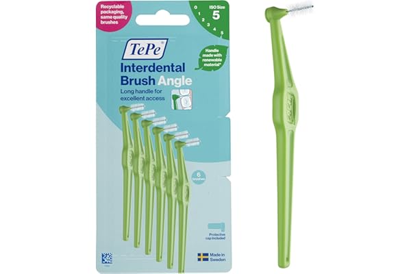 Brossette Interdentaire TePe Angle, Vert, 0.8mm/ISO 5, 6pcs, élimine la plaque dentaire, nettoyage facile et efficace entre les espaces interdentaires larges