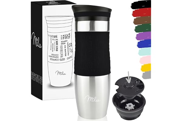 Milu Mug Isotherme Etanche 370ml 450ml Thermo Café-Thé I Tasse isolée pour café et thé à emporter, Double Paroi Isolée sous Vide, Acier Inoxydable I Tasse de voyage Chaud & froid (450ml, Noir)
