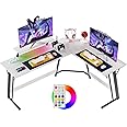 Devoko L Shaped Gaming Desk Computer Desk with LED Lights 160cm Corner Gaming Desk Large PC Monitor Stand for Home and Office,Carbon Fibre White