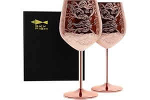 SKY FISH Bicchieri da Vino Rosso, Set di 2 Calici da Vino in Acciaio Inox, Placcati in Rame e Incisi con Intricate e Autentiche Incisioni Barocche, 480ml, Lavaggio Mano.