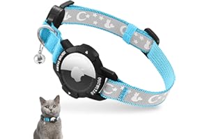 VEYALISE Reflektierend Airtag Katzenhalsband mit Sicherheitsverschluss und Glöckchen, Verstellbar Halsband Katze mit Apple Airtag Hülle (Blau, Katzen und Welpen 23-33cm)