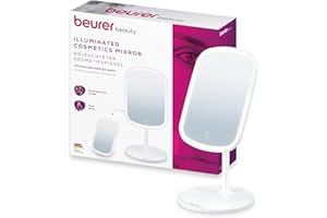 ‎BEURER Beurer BS 47 Lusterko kosmetyczne, lusterko do makijażu z oświetleniem w 3 kolorach, z uchwytem magnetycznym, obracane o 360°, zdejmowana powierzchnia lusterka, praktyczne lusterko łazienkowe z półką