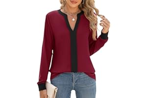 Cuptacc Camiseta Mujer Manga Larga Cuello en V Camisa Mujer Blusa con Plisada Elegante Suelta Túnica Tops
