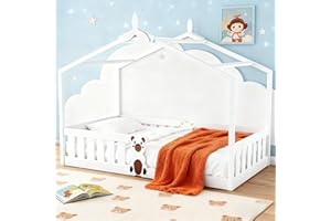 Ovshnrr Toddler Bed Floor Bed, 200×90cm Fall-Out Protection Frame Natural Wood 100kg Load Capacity Develops Confidence & Life Skills, Montessori Design Boys & Girls (W/Canopy-90 * 200-White)