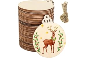SZSIQI 40 Piezas Discos de Madera Redondos, Bolas Redondas Madera para Colgar con Agujero para Manualidades de Bricolaje Tallado Grabado Láser Pintura, con Cuerda de Yute de 5 m