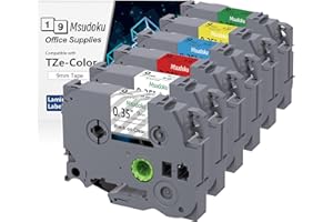 Msudoku Taśmy kompatybilne z Brother TZe-121 TZe-221 TZe-421 TZe-521 TZe-621 TZe-721 do Brother P Touch PT-H100 PT-D400 PT-1000 PT-1010 PT-H110 PT-D210, 9mm 0.35, 6 sztuk w opakowaniu