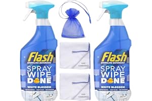 OGD COMMERCE Flash Sparkling Bathroom, Antibacterial Cleaning Spray Wipe-Done, 800ml, White Blossom Scent, 2 bottles + 2 x Cleaning Cloth + for You: Organza Small Bag