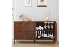 HOLTICO Sideboard with 4 Doors, Drinks Cabinet with Wine Glass Racks, Mid-Century Wooden Accent Cabinet, Modern Brown Sideboards for Living Room, Dining Room, Kitchen, Hallway