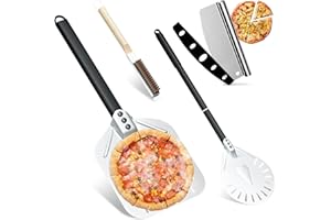 CENOZ Lot de 4 Pizza accessoires, Pelle a pizza perforée 30 cm, Pelle à pizza Ronde en aluminium de 83cm avec un long manche, Roulette à Pizza de 35 cm avec Couvre, Brosse pour Four à Pizza avec Grattoir