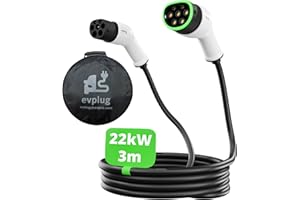 evplug Câble de Recharge pour Voitures électriques EV (Type 2 - Type 2 | 3m, 22kW | 32A)