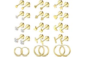 Hypoallergenic Surgical Steel Earrings for Sensitive Ears, 14K Gold Flat Back Stud Earrings, Small Stainless Steel Hoop with Screw Back, Ideal for Multiple Piercings, for Women and Men