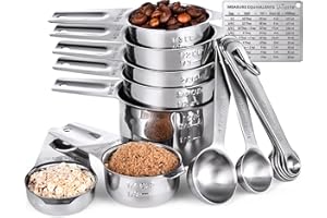 Tasses et Cuillères à Mesurer: U-Taste Ensemble de 15 Cuillères Cups Doseuses en Acier Inoxydable 18/8, 7 Tasses & 7 Cuillères & 1 Tableau de Conversion de Mesure Magnétique (Argent)
