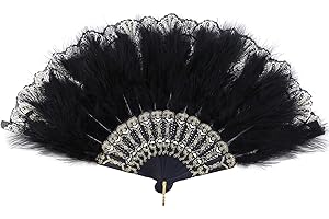 ‎MWOOT Mwoot Damen Fächer Feder, Embroidered Flower Marabou Feather Fan, 1920s Vintage Style Folding Handheld Feather Fan, Flapper Hand Fan for Costume Halloween Dancing Wedding Party Prom Tea Party - Black
