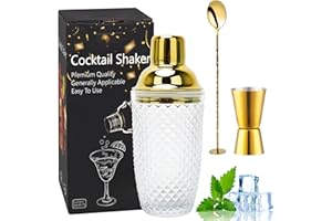 Gohytal Cocktail Shaker, 385ML Shaker Glas, Glas Cocktailshaker, Klarglas Gold Cocktail Shaker Mixer Set mit Edelstahl Lecksicher Messbecher-Deckel