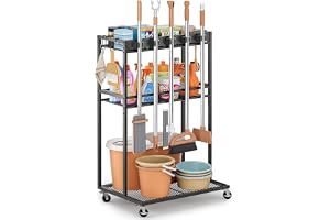 Broom Holder with Cleaning Supplies Organizer, Broom Closet Storage Cabinet with Mop Hanger Gripper Rack Hooks, Cleaning Housekeeping Janitorial Cart with Clean Caddy, Laundry Room Organization