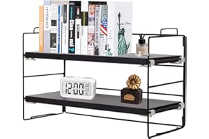 powerking Organizer do półek na biurko, 2-poziomowa, malowana na czarno metalowa rama i czarne półki na biurko z drewna tekowego, drewniany, wielofunkcyjny, ekspozycyjny, regał do przechowywania na