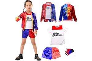 Bdwing Harlequin Disfraz para Niñas, Película Cosplay Suicide Disfraz de Carnaval, Camiseta,Guantes, Chaqueta Pantalones y Rojo Azul Cortos Conjunto per 2 3 4 5 6 7 8 9 años