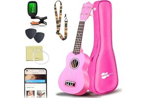 Everjoys Ukulele Soprano per Principiante Adulto Uculele da 21 Pollici con Borsa, Accordatore, Corde Aggiuntive, Cinturino, Plettri, Rosa