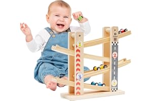 MAYCOLY Voiture Rampe de Course Jouets, Toboggan Voiture Bois avec 4 Mini Voitures, Circuit Rampe Voiture,Cadeau Jouet Rampe de Voiture pour Enfant 1 2 3 Ans