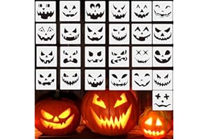 WOFEU 25 pochoirs de visage de citrouille d'Halloween, pochoirs décoratifs en plastique réutilisables pour la sculpture de citrouille, le bois, les murs et la décoration artistique.