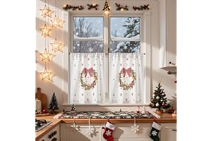‎VANGAO Vangao Scheibengardinen Modern Weihnachten Deko Weihnachtskranz Christmas küche Bistrogardine 2er Set 75Hx65Bcm Bedruckt Gardinen Kurz mit Stangendurchzug lichtdurchlässig Landhausstil, Rot und Grün