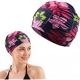 TEOZBLU Unisex Nylon Swimming Cap (1 Piece) &ndash; Comfortable and Elastic for Men and Women, Colourful Flowers on Tibetan Blue Ba