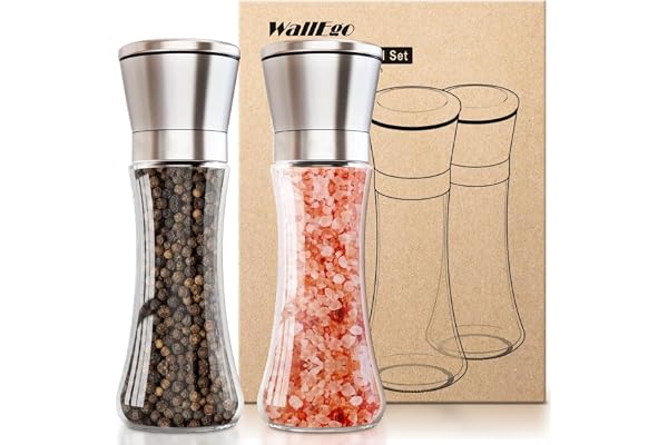 Pepparkvarn uppsättning med 2, kryddkvarn och saltkvarn av högkvalitativt glas och rostfritt stål med justerbar finhet, keramisk kvarn [utan kryddinnehåll]