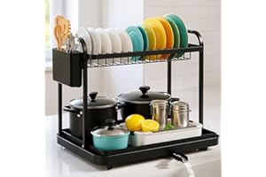 Focenat Scolapiatti da Appoggio, Scolapiatti da Lavello 2 Livelli, Scolapiatti Acciaio Inox, Scola Piatti Lavandino, Scolapiatti Multifunzionale, Scolapiatti per Piatti Grandi, Nero