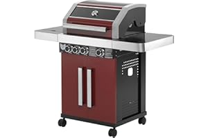 Gasgrill BBQ CHIEF 6.0-3 Edelstahl Brenner, Seitenbrenner, 10,5 kW, Gusseisen Grillrost, Deckel, Thermometer, Rollen, Rot - Grill, Grillwagen, Grillstation für Camping, Balkon, Garten