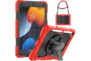 SEYMCY Case for iPad 9th/8th/7th Generation 2021/2020/2019, iPad 10.2 Case Full Body Shockproof with Rotating Stand/Hand Strap/Screen Protector/Pencil Holder for iPad 9th/8th/7th Gen 10.2'', Black/Red
