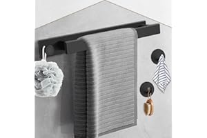 HOMGEN Self Adhesive Towel Rail Set Popular 40cm Black Towel Rail 304 Stainless Steel No Drilling Towel Holders Towel Rack Kit Bathroom Towel Rail Bathroom Accessories With 2 Hooks for Bathroom etc