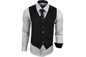 Subliminal Mode - Gilet + Chemise + Cravate Homme Col Bicolore Uni Manches Longues Coupe Ajusté Business Repassage Facile RN33