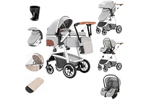 Zkiprm 3 en 1 Cochecito de Bebé Cochecito de Bebé Cochecito de Bebé de 3 Piezas con Reposabrazos Ajustables Marco de Aleación de Aluminio de Alto Paisaje Para Cochecito de Bebé Amortiguador Gris claro