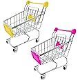 2 PCS Mini Shopping Cart,Mini Trolley, Mini Shopping Trolley,Shopping Grocery Basket,for Desktop Decor Make Up Holder Rack Storage(Yellow+Pink)