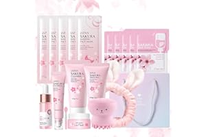 DONGCILL Kit per la Cura della Pelle Sakura 18 Pezzi,Include Detergente,Crema, Siero,Siero per gli occhi,Maschera di fango,Maschera per dormire, Accessori,Set Skincare Viso Completo per Ragazze e Donne