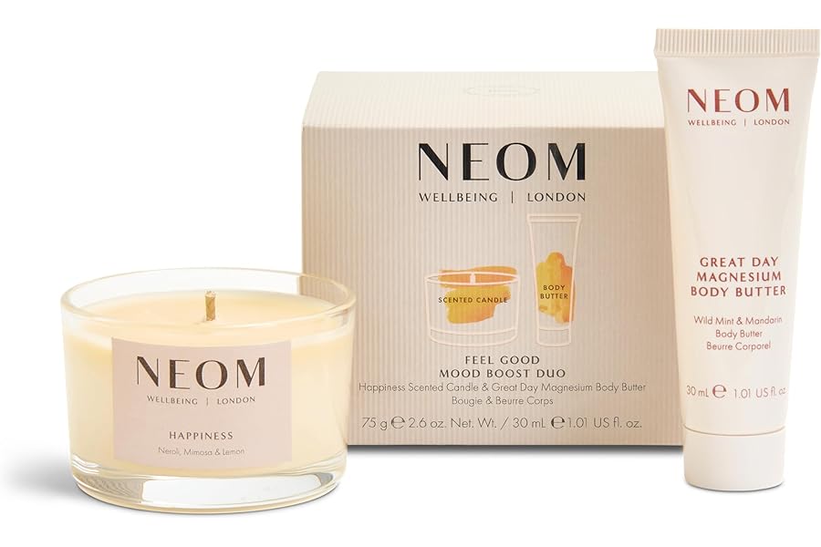 Neom Feel Good Mood Boost Duo Gift Set I Contains: Happiness Travel Candle 75g, Great Day Magnesium Body Butter 30ml I 100% Natural Scent I Sprinkle happy vibes I Mother's Day Gift