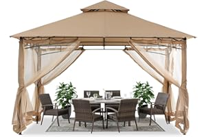 ABCCANOPY 3.35x3.35m Gartenpavillon für Terrasse Doppeldachweichdach Garten Hinterhof-Pavillon mit Netz für Schatten und Regen,Beige