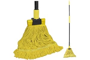 JEHONN Mopa Fregona Industrial, Mopas de Limpieza de Suelos con Manija Extra Larga de 146 cm, Profesional para Limpieza en Seco y Humedo de Suelos de Madera, Cemento, Azulejos (Amarillo)
