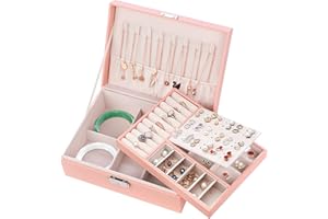 Mamowla Jewellery Box for Women, Jewellery Boxes 2 layers Jewelry Storage Organiser for Necklace Earrings Bracelets Rings, Large PU Leather Jewelry Storage Case for Girls and Women, Pink