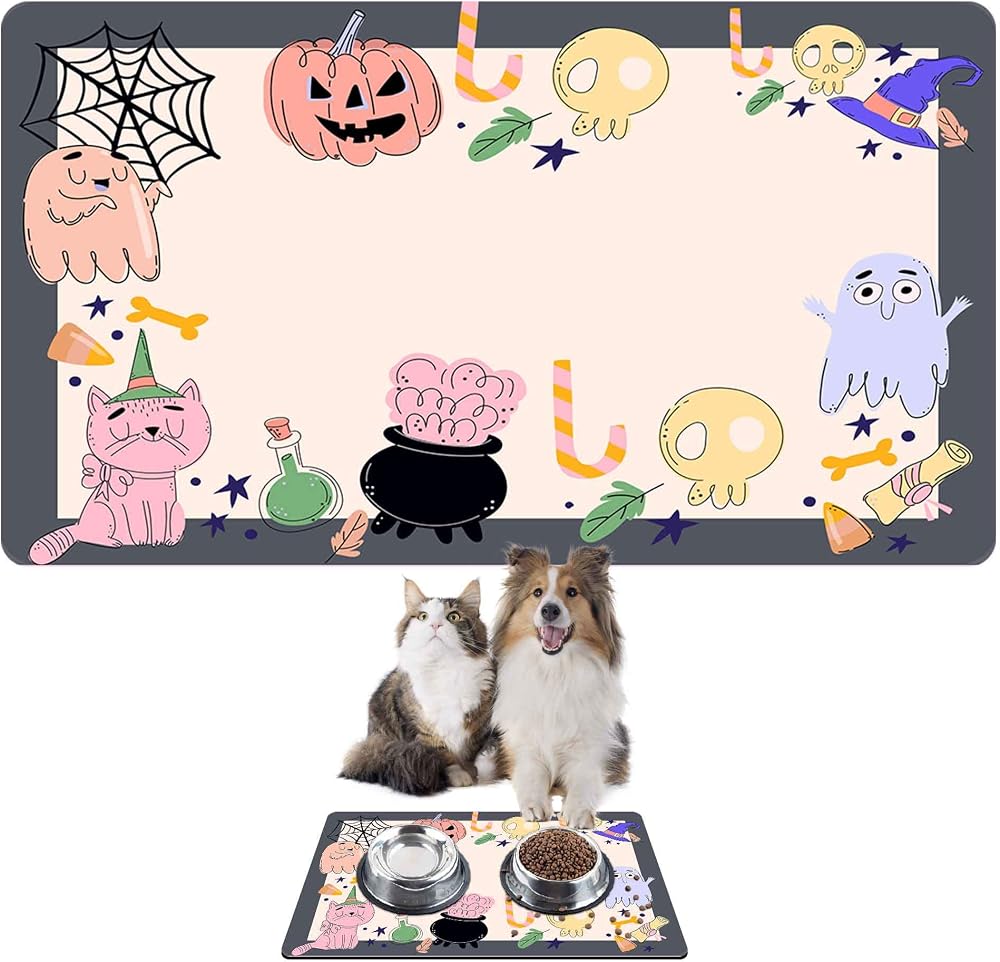 Monnhein Mama ve Su Evcil Hayvan Beslenme Matı, Kolay Temizlenen Emici Su Geçirmez Kumaş, Küçük Orta Boy ve Büyük Kedi ve Köpekler için Dayanıklı Köpek Kedi Paspas (50x35, Halloween)