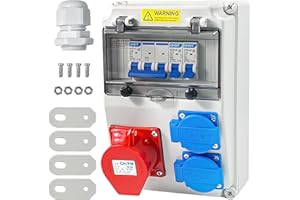 LOMHYVE Baustromverteiler 16a verteiler, Wandverteiler Stromverteiler 32A/16A IP44 Wasserdicht mit FI-Schutzschalter, CEE & Schuko Steckdosen für Baustelle, Garten, Industrie