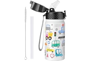 OLDLEY 420ml/14oz Kids Stainless Steel Insulated Water Bottle with Straw for School Reusable Metal Vacuum Small Flask Leakproof Keep Drinks Hot Cold for Boys Girls Toddlers Children (Car, 420ml)