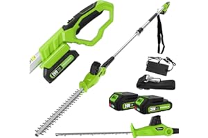 FOONNUN 20V Cordless Pole Hedge Trimmer, 2 * 2.0Ah Li-ion Battery & Charger, Dual Action Blades, Telescopic Cutter for Hedges, 110° Adjustable Head, Long Reach 2.4m Extension Pole with Shoulder Strap