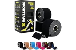 SPORTTAPE Taśma kinezjologiczna, czarna, 3 rolki – 5 cm x 5 m – elastyczna, wodoodporna i hipoalergiczna taśma kinezjologiczna do mięśni, bólu i urazów – taśma fizjologiczna do uprawiania sportu i