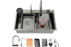 LVRUIEDS Nano Kitchen Sink With Waterfall,Single Bowl Stainless Steel Workstation Kitchen Sink And Faucet Combo Set, Countertop/Drop-in/Undermount(Black A,68x45x22CM)