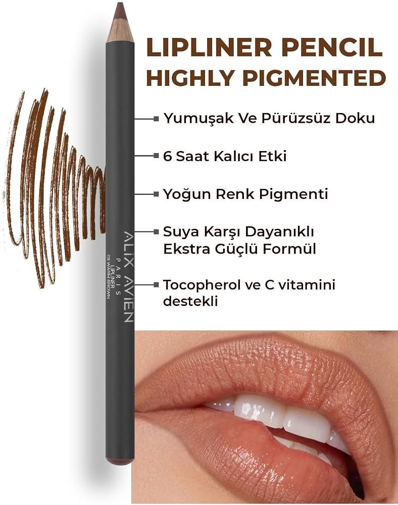 ALIX AVIEN Uzun Süre Kalıcı Dağılma Yapmayan Nemlendirici Dudak Kalemi - Lipliner Pencil 09 Warm Brown